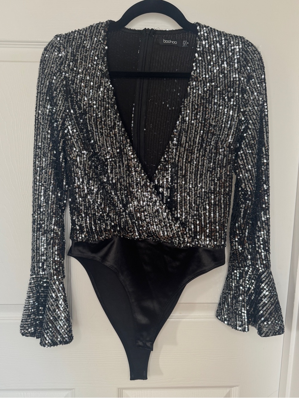 Boohoo Black and Silver Sequin Wrap Bodysuit
